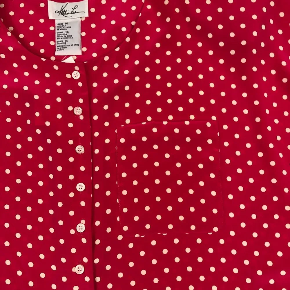 NEW Kathie Lee Vintage Silk Fushia Pink and White Polka Dot Short Sleeve Blouse - Picture 10 of 11